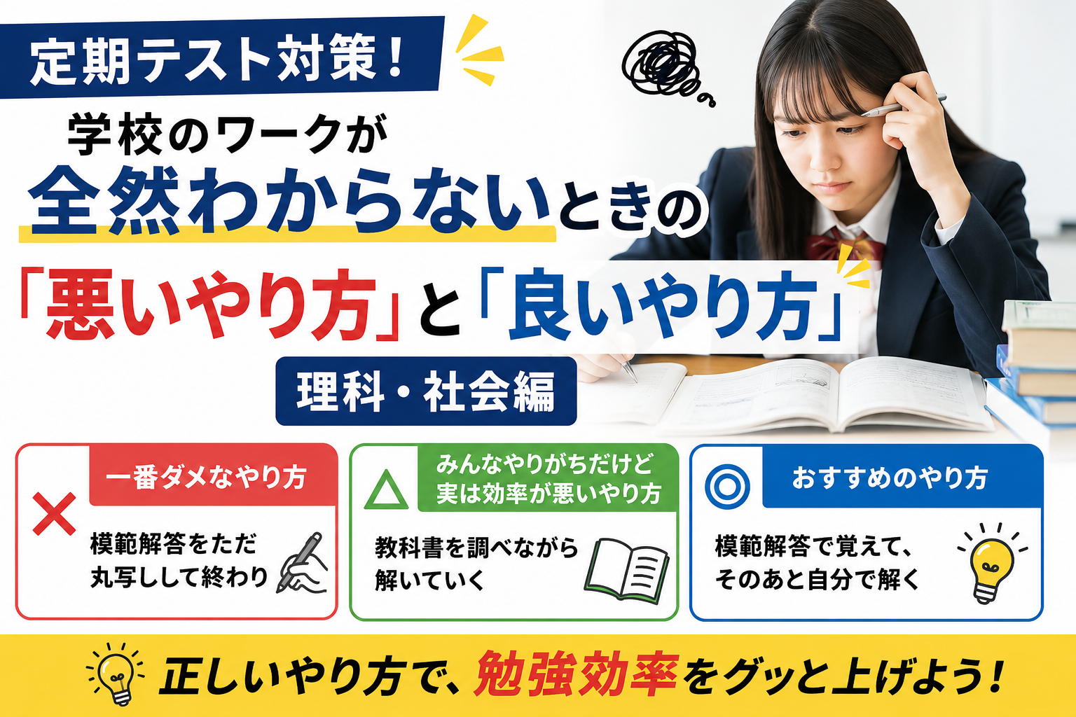 【定期テスト対策】学校のワークが全然わからないときの「悪いやり方」と「良いやり方」（理科・社会編）